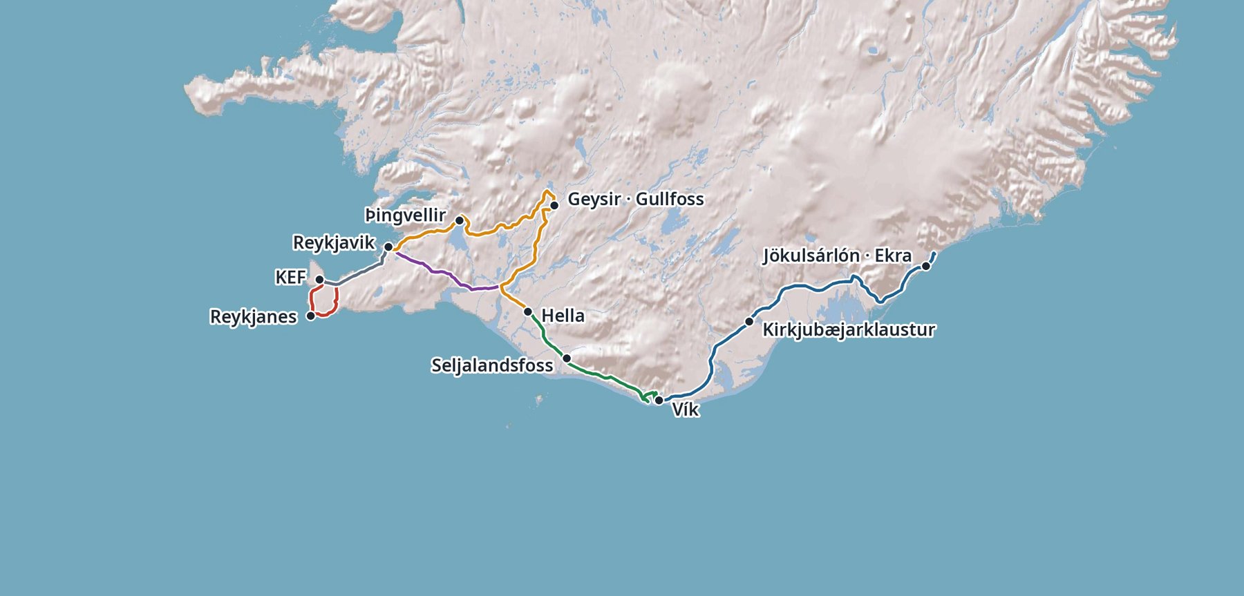 Mappa dell'itinerario del workshop in Islanda: Reykjanes, Reykjavik, Þingvellir, Geysir, Gullfoss, Hella, Seljalandsfoss, Vík, Kirkjubæjarklaustur, Jökulsárlón
